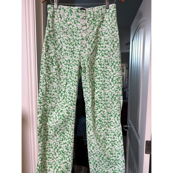 BDG Urban Outfitters Green White Daisy Floral Wide Leg Pants High Rise Button 26 - Picture 2 of 13